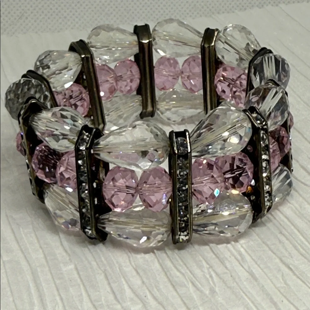 Beautiful Pink and Clear Crystal Stretch Bracelet rhinestone gun metal spacers